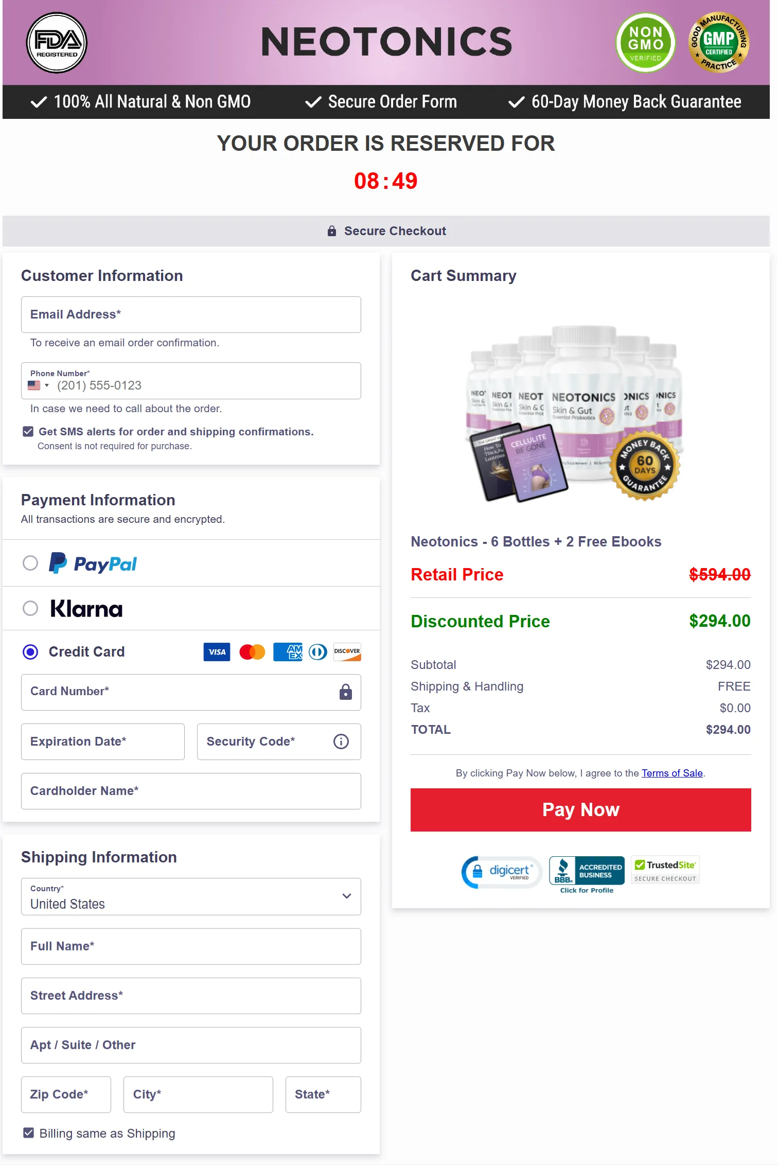 Neotonics checkout page